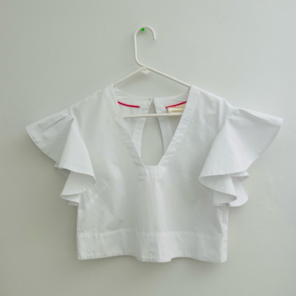 Anthropologie White Flutter Sleeve Crop Blouse